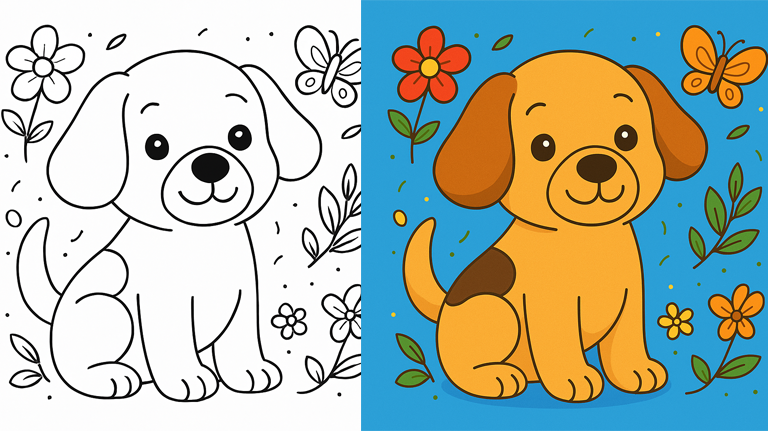 Cute Puppy Coloring Page – Happy Dog with Flowers and Butterflies