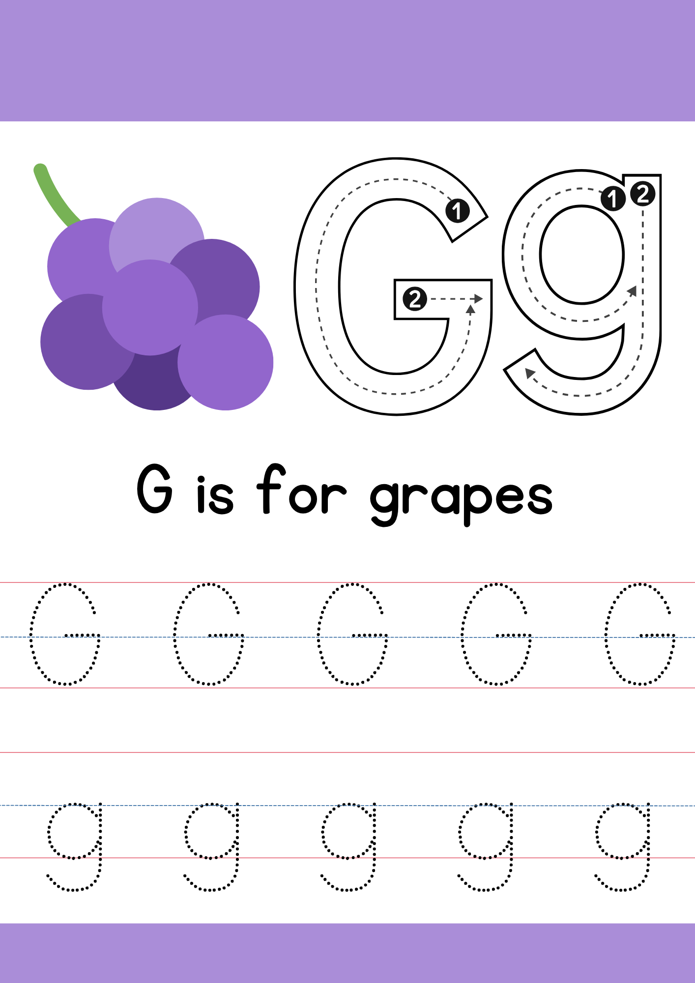 Letter G tracing worksheet for preschool - G is for grapes