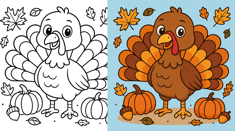 Turkey Coloring Page – Cute Thanksgiving Turkey with Pumpkins and Leaves