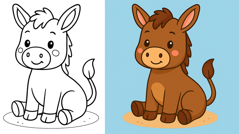 Cute Donkey Coloring Page – Adorable Farm Animal for Kids
