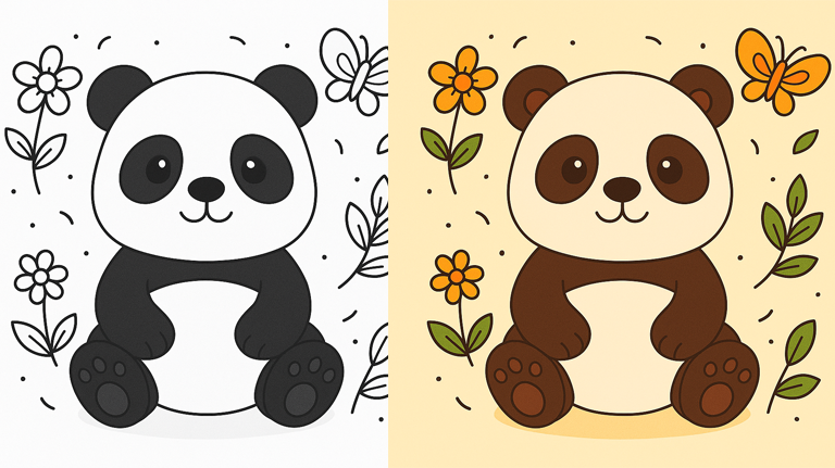 Cute Panda Coloring Page – Adorable Panda with Flowers and Butterflies