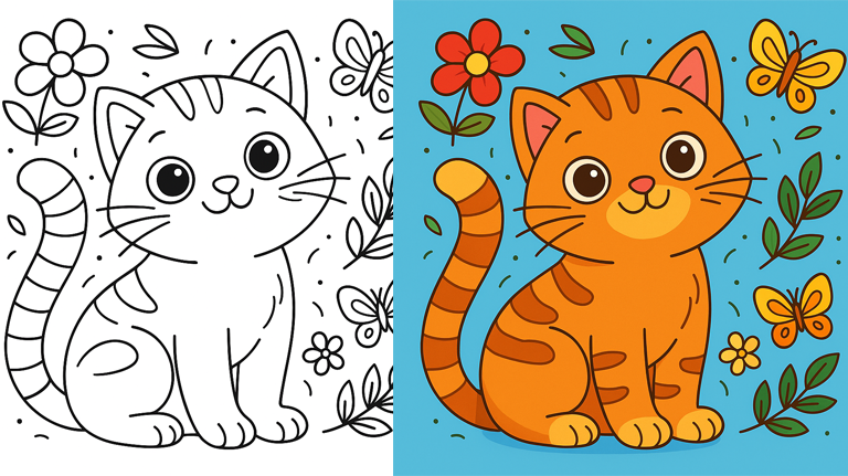 Cute Cat Coloring Page – Adorable Kitten with Flowers and Butterflies